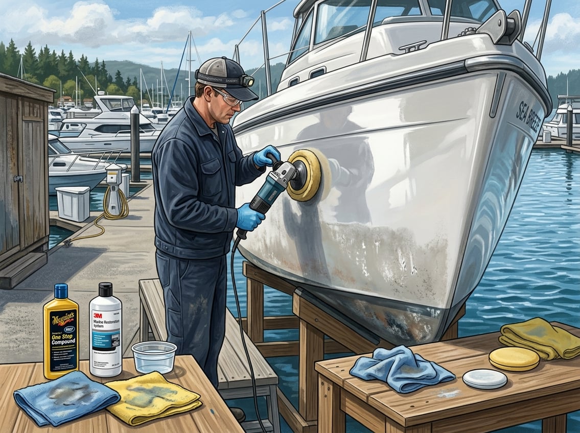 A person polishing the side of a fiberglass boat hull outdoors near a marina, showing a clear contrast between oxidized and polished surfaces.