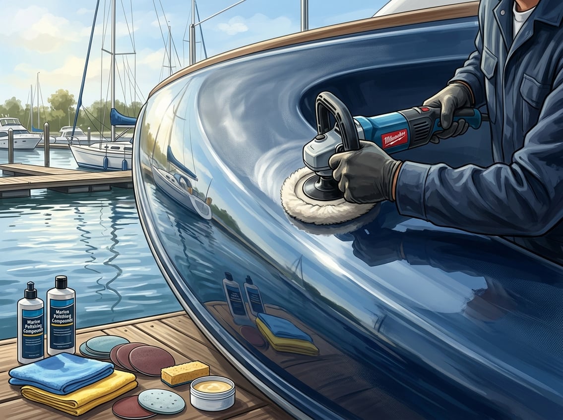 Hands polishing the smooth surface of a fiberglass boat hull outdoors near a marina with polishing tools nearby.