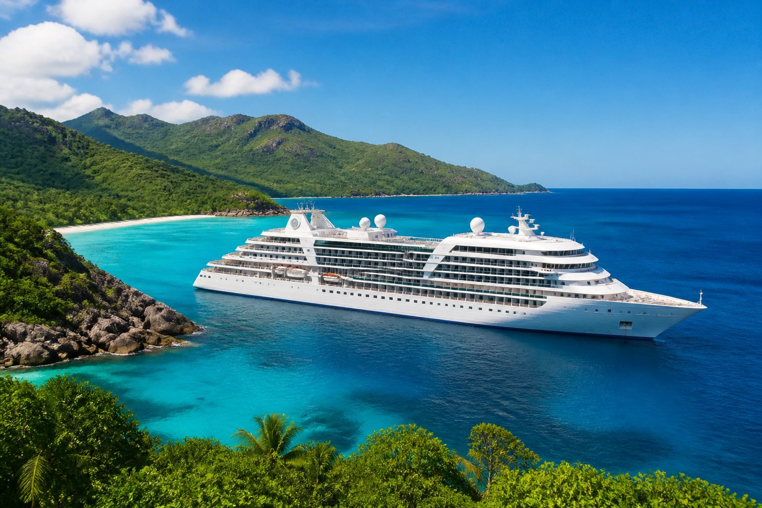 A luxurious cruise ship sailing near a green, tropical coastline under a blue sky.