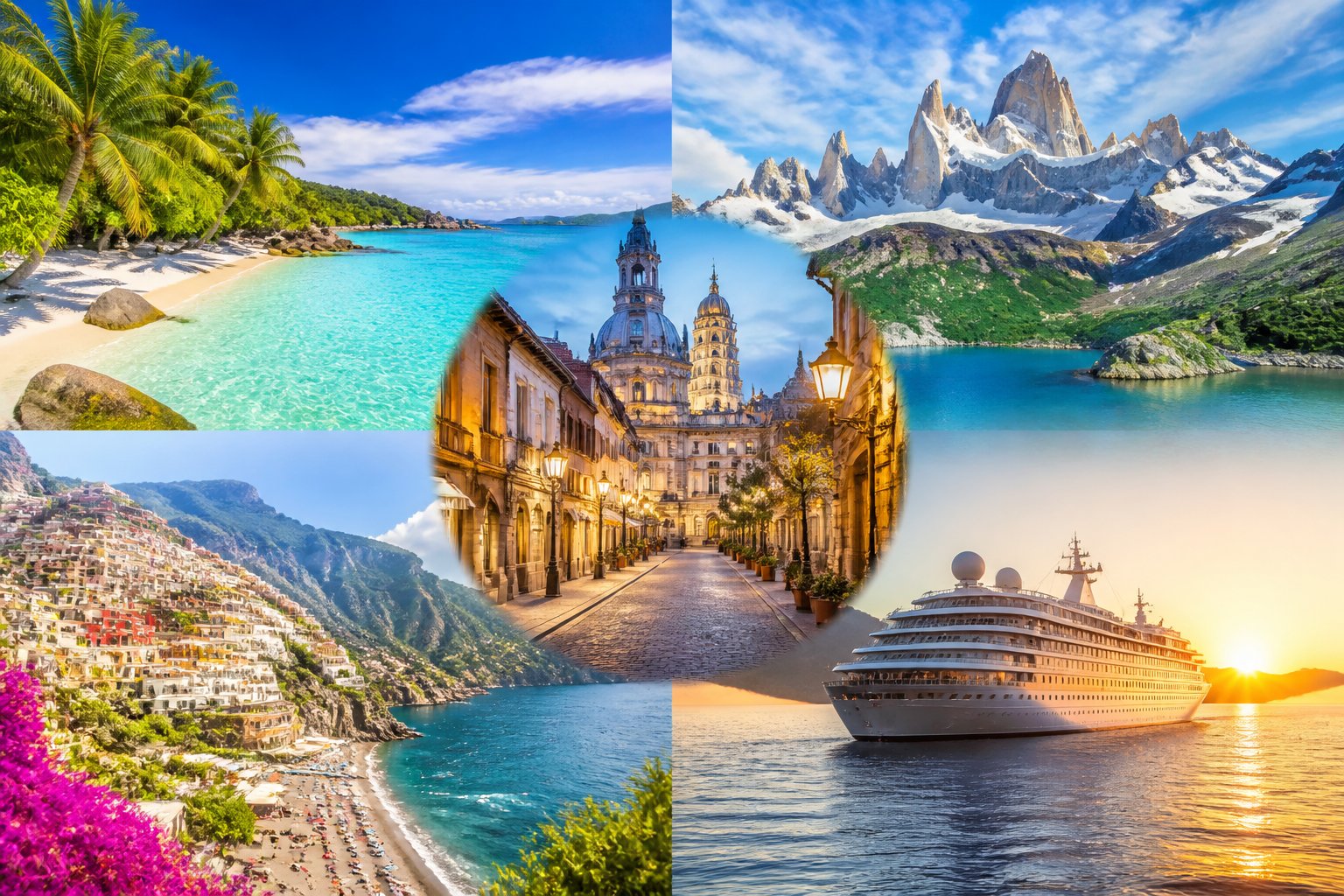 A collage of famous travel destinations including a tropical beach, snow-capped mountains, a European city, a Mediterranean coastal village, and a cruise ship on calm ocean waters.