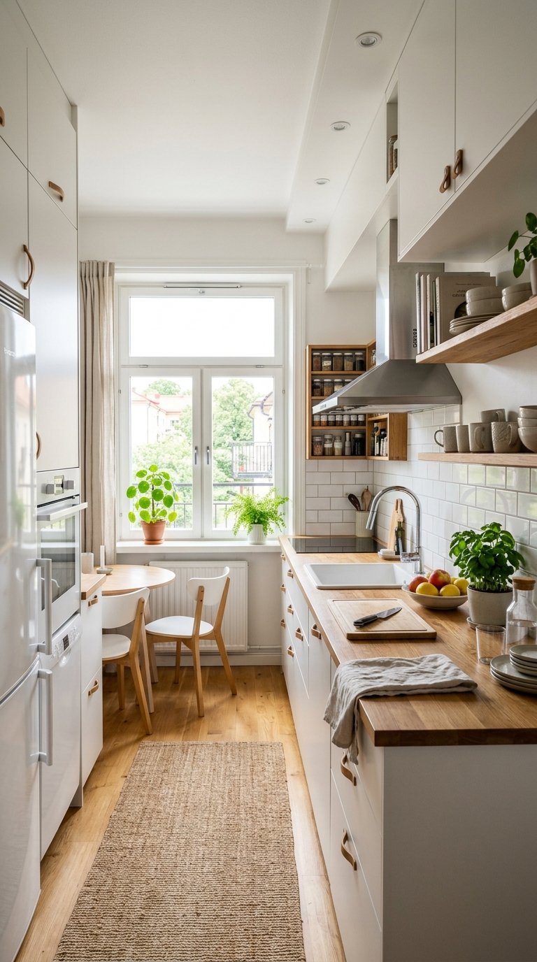 A small, bright kitchen with white cabinets, wooden countertops, shelves, and flooring, illuminated by natural light.