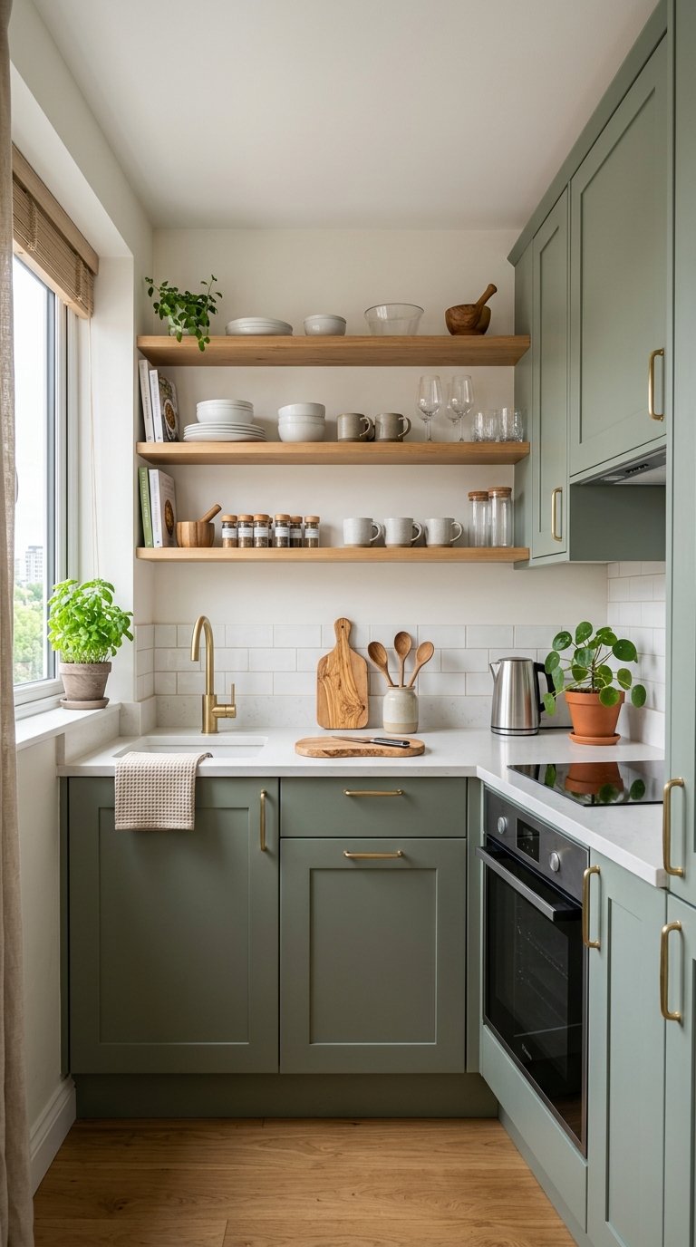 A small kitchen with sage green cabinets and open shelves holding dishes and utensils, well-lit and neatly organized.