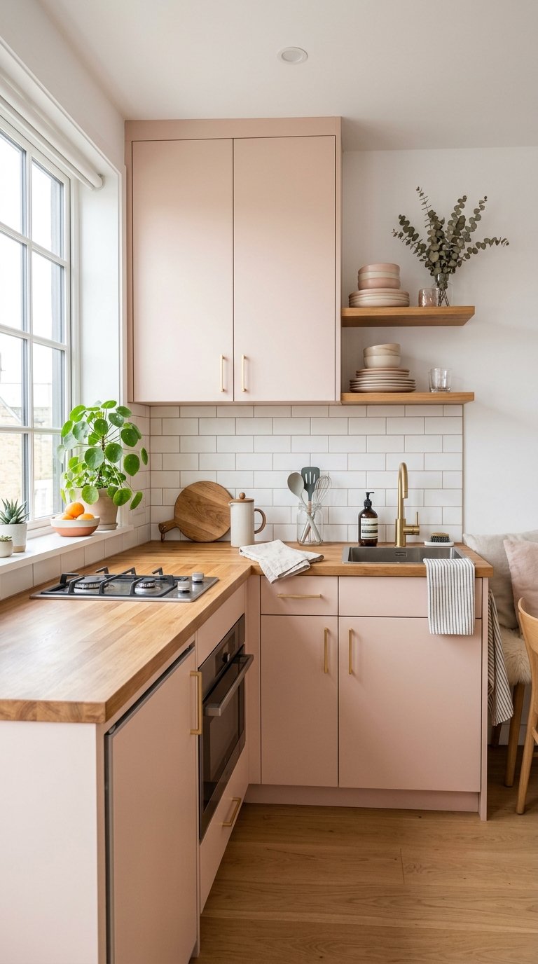 A small kitchen with blush pink cabinets, wooden countertops, a window letting in natural light, and a few plants and dishes on the counters.