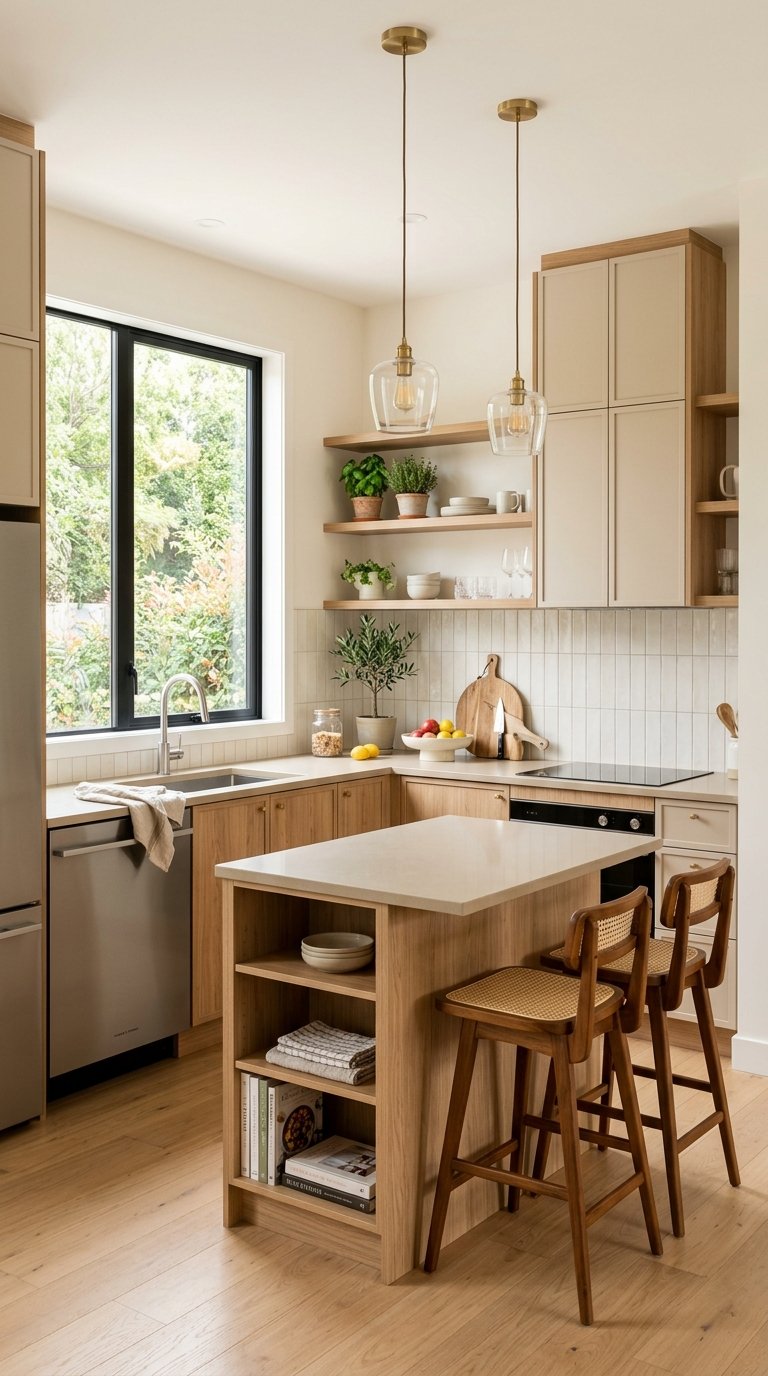 Small kitchen with wooden cabinets, beige countertops, stainless steel appliances, and a compact island under natural light.