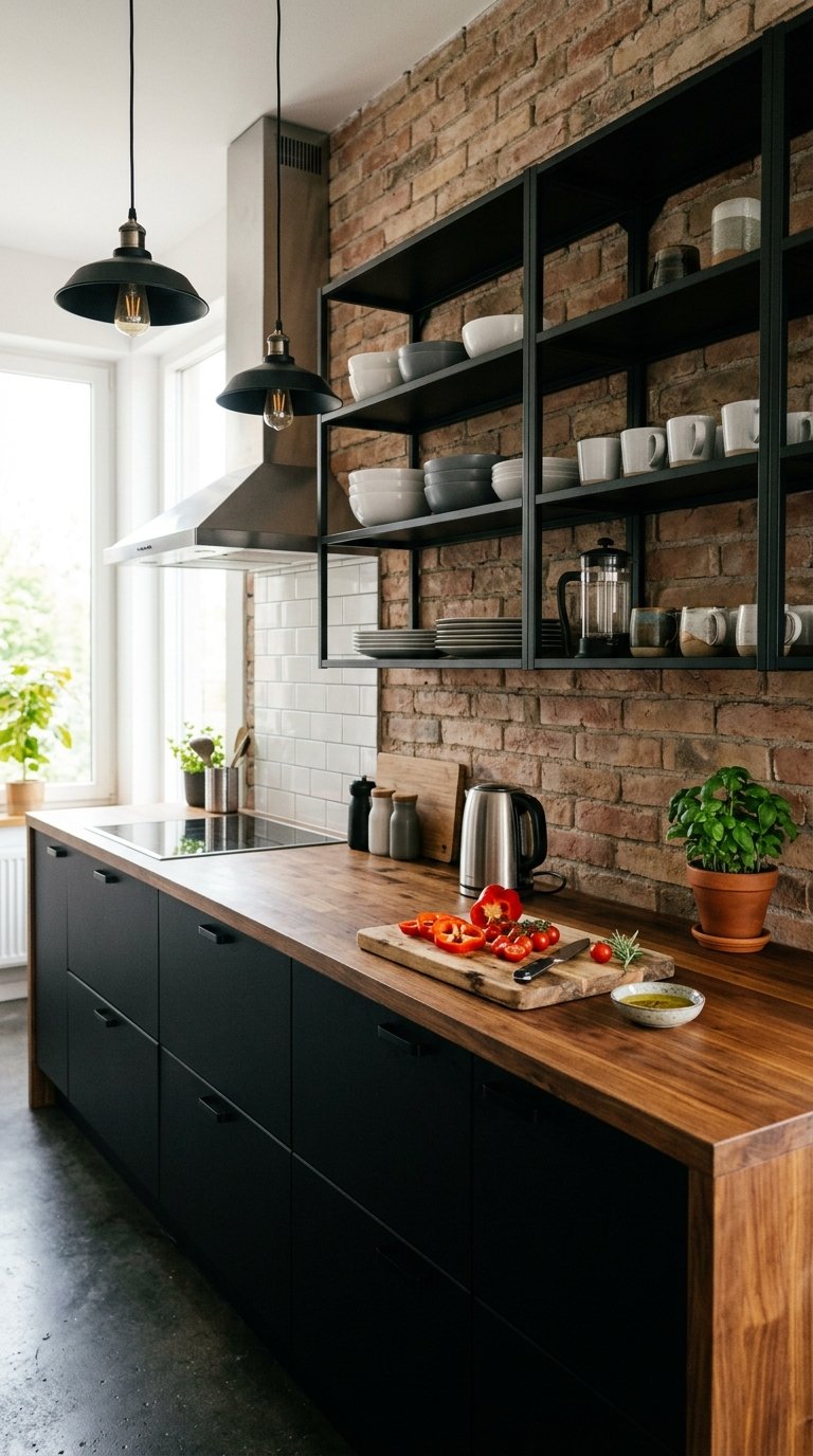 A small kitchen with warm wood countertops, black cabinets, open shelves, and industrial lighting.