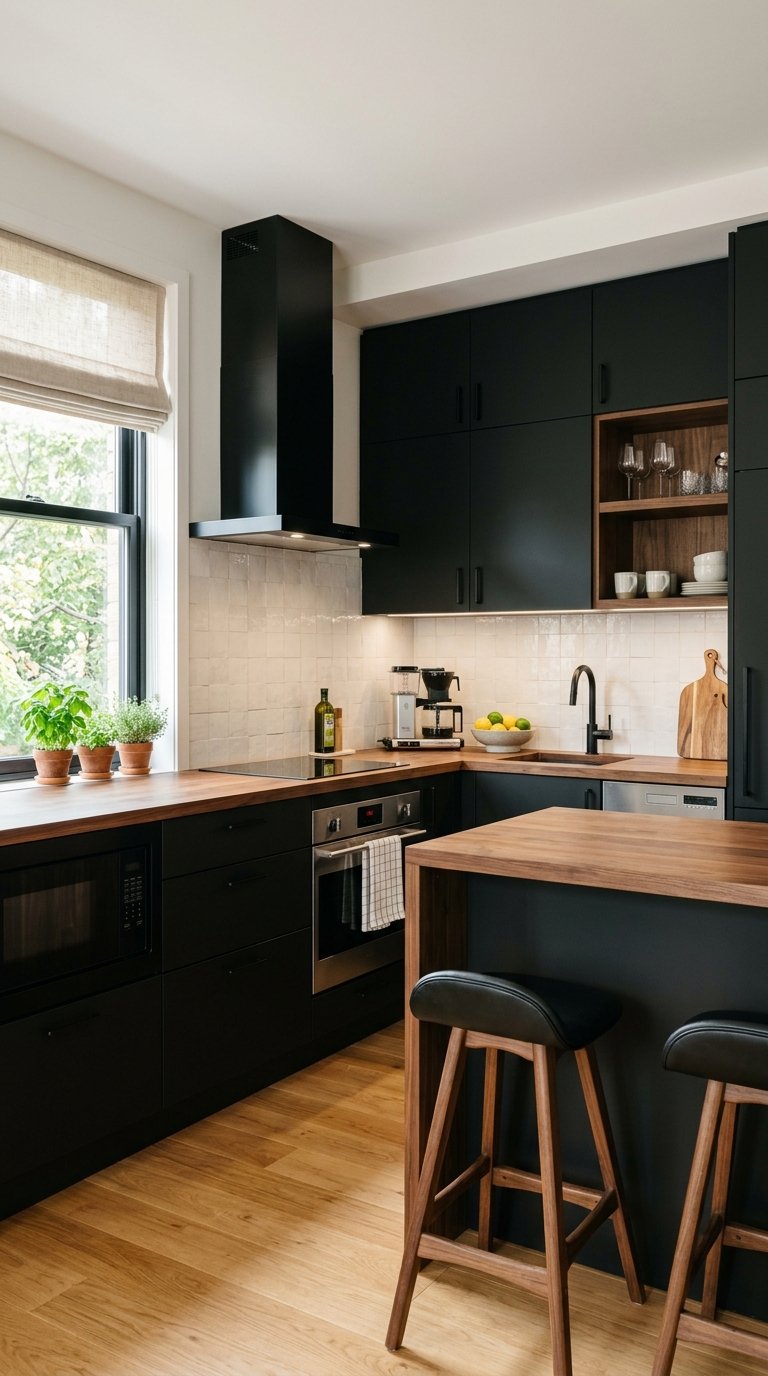 A small kitchen with black cabinets, walnut countertops, stainless steel appliances, and natural light coming through a window.