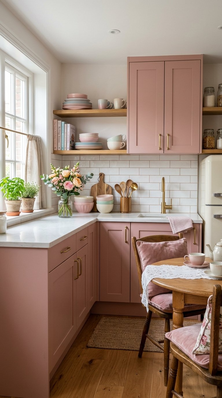 A small kitchen with dusty pink cabinets, a white countertop, a wooden dining table with two chairs, and natural light coming through a window.