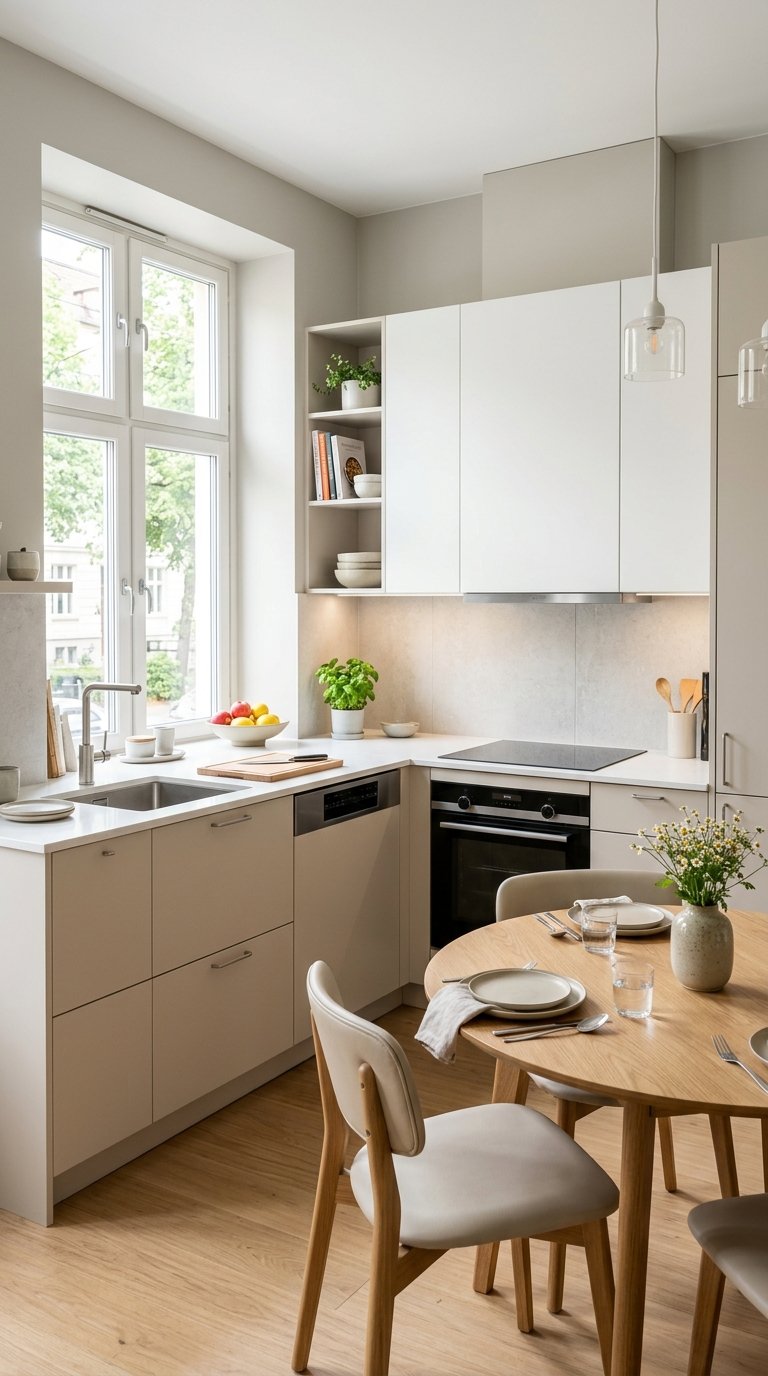 A small kitchen with neutral colors and an adjacent dining area with a wooden table and chairs, illuminated by natural light.