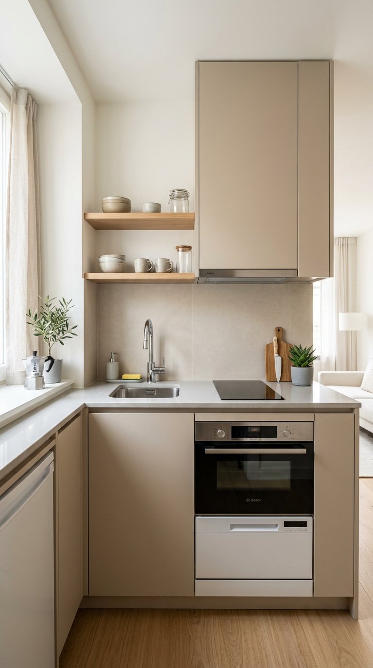 Small beige kitchen with compact layout, clean countertops, induction cooktop, and a small sink.