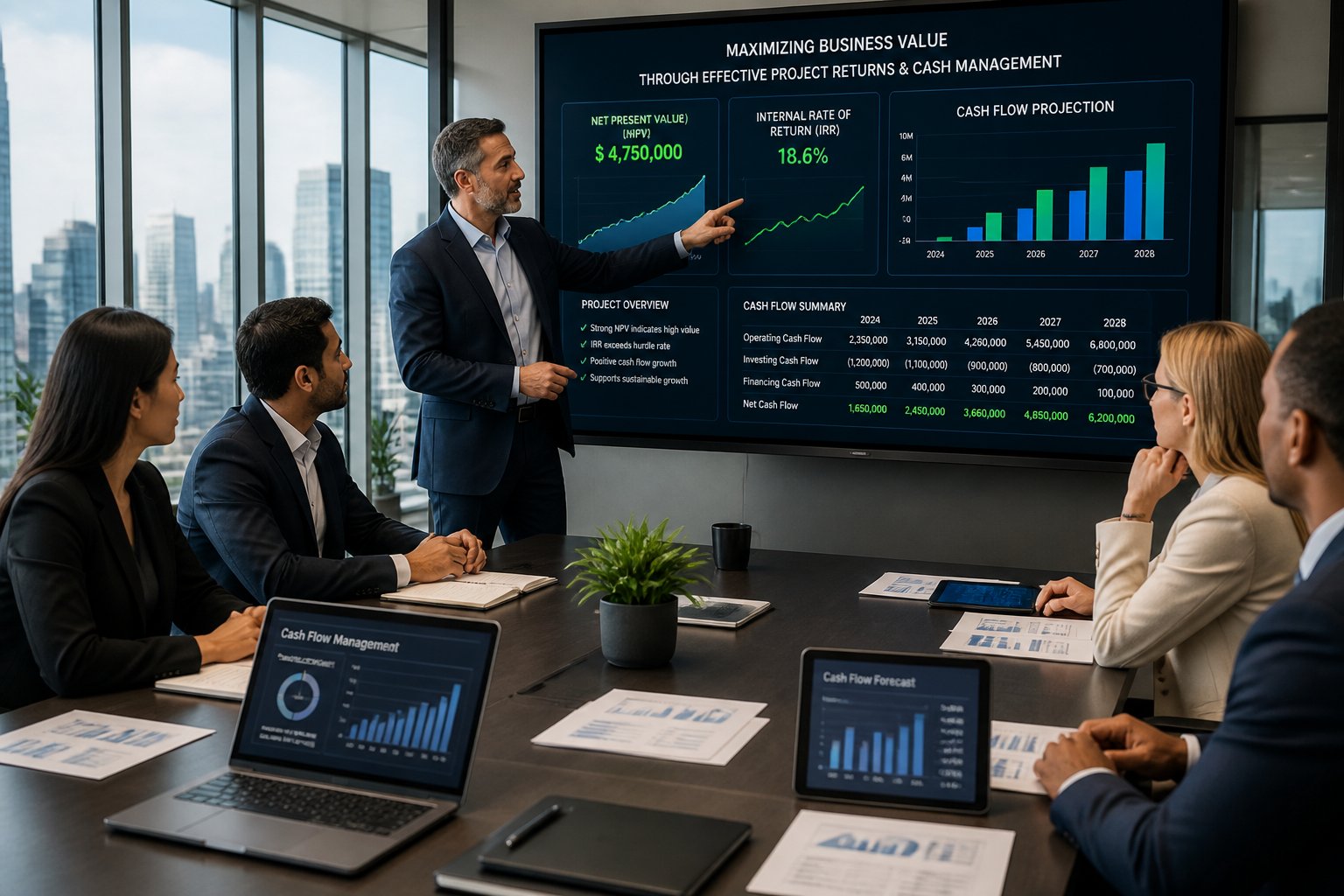 Business professionals in a meeting room reviewing financial charts and data on laptops and a large screen, discussing project returns and cash management.