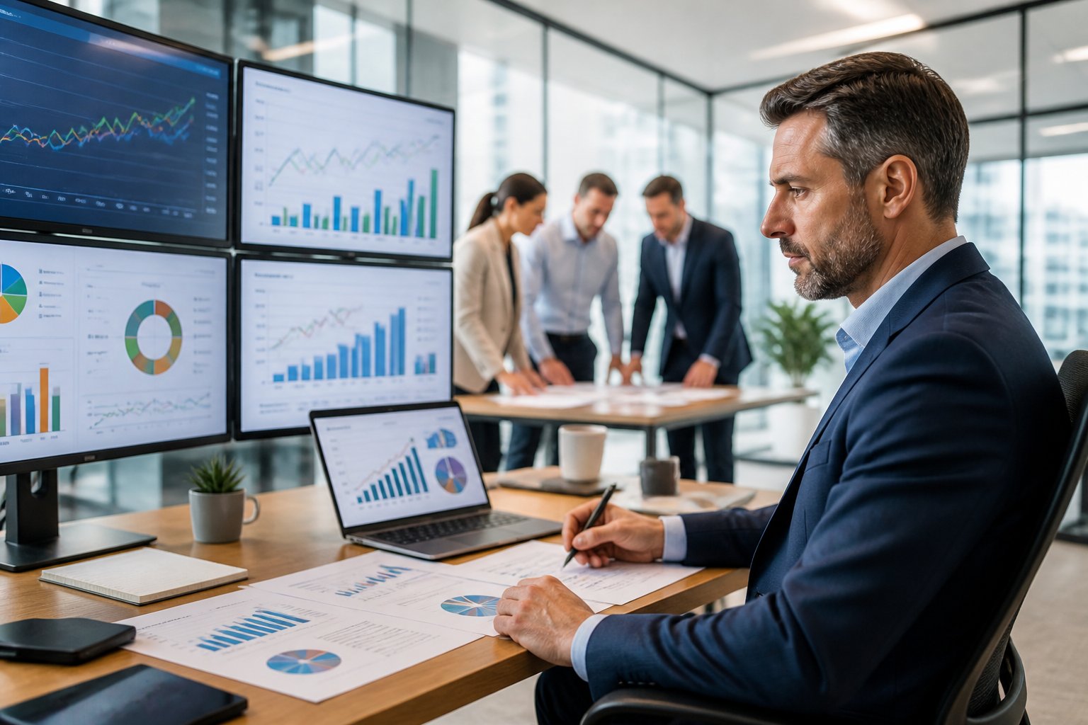 A business executive in an office reviewing financial charts on multiple screens while colleagues collaborate in the background.