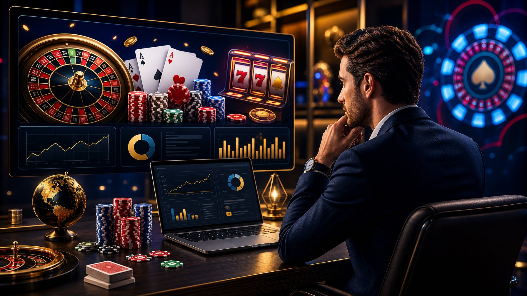 A Person At A Desk With A Laptop Surrounded By Casino Elements Like Slot Machines, Poker Chips, Playing Cards, And A Roulette Wheel.