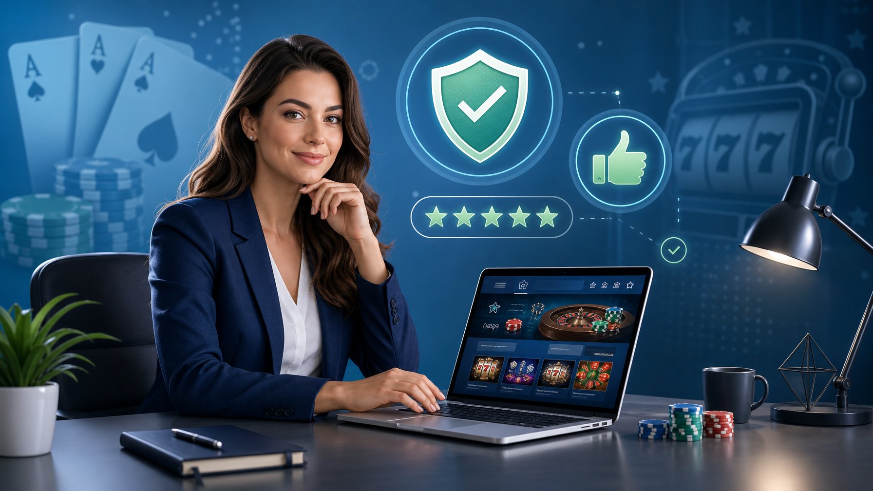 A Businesswoman At A Desk With A Laptop Showing A Casino Website, Surrounded By Icons Representing Trust And Ratings, With Casino Elements In The Background.