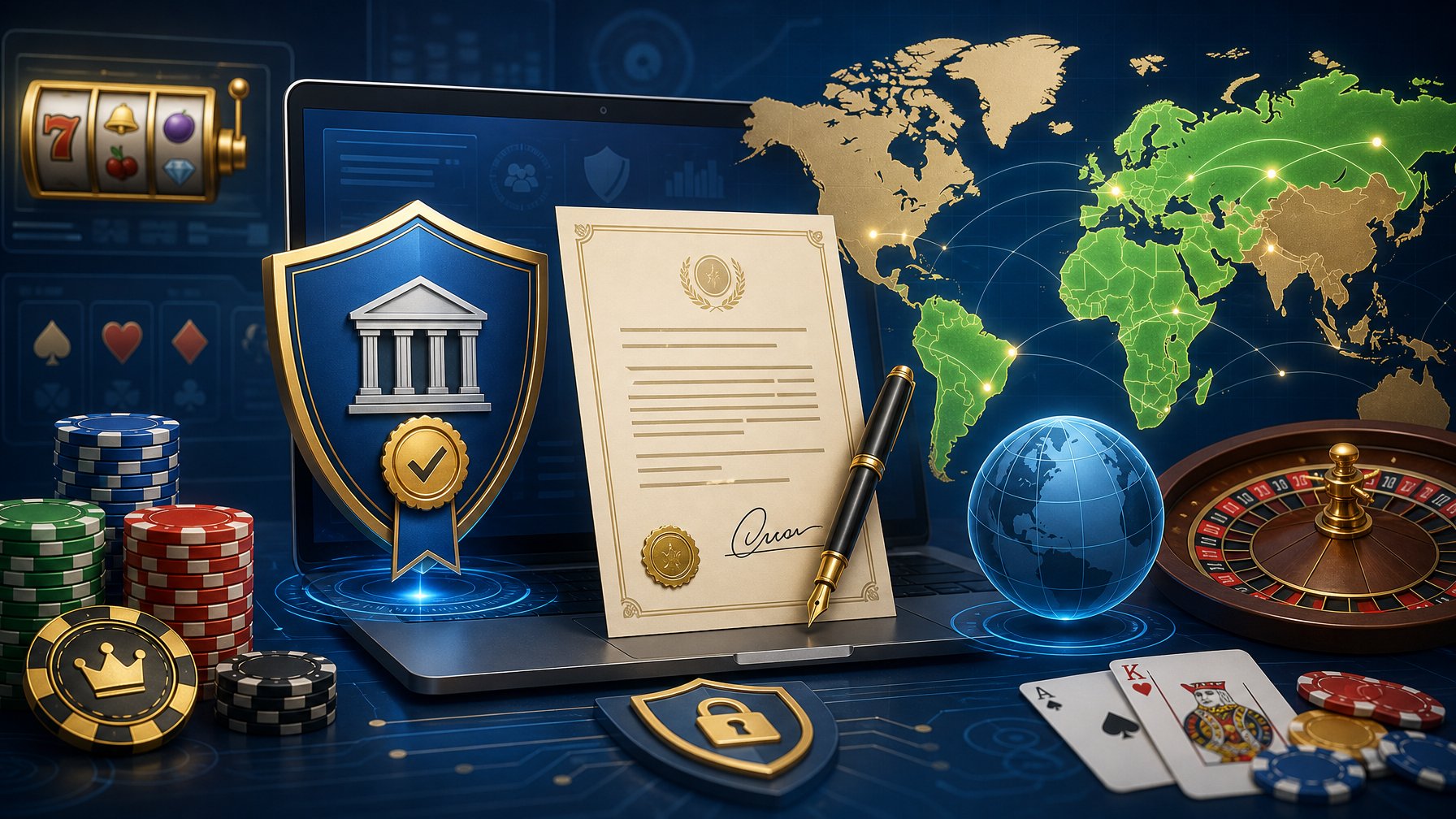 A Digital Interface Showing Icons Of A Secure Certificate, A Signed Contract, And A Global Map With Casino Elements Like Poker Chips And Cards Around Them.