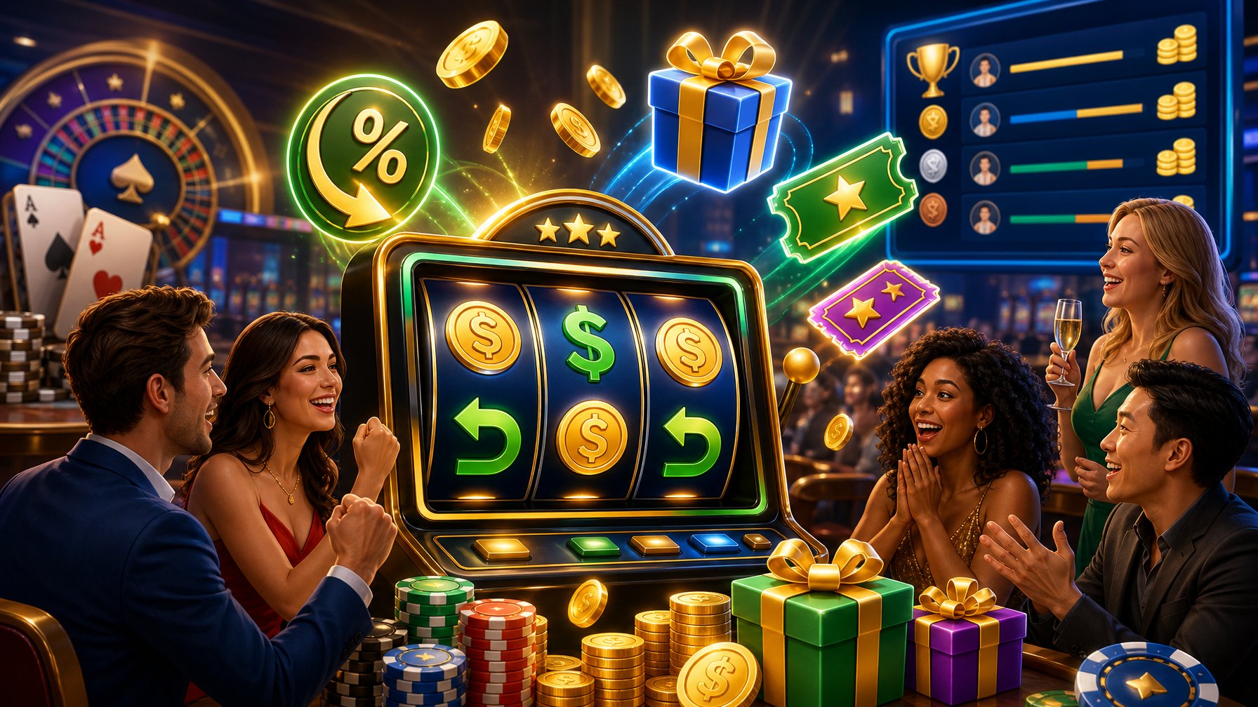 A Casino Scene Showing A Slot Machine Surrounded By Icons Representing Bonuses, Cashback, And Promotions, With Happy Players Engaging With The Games.