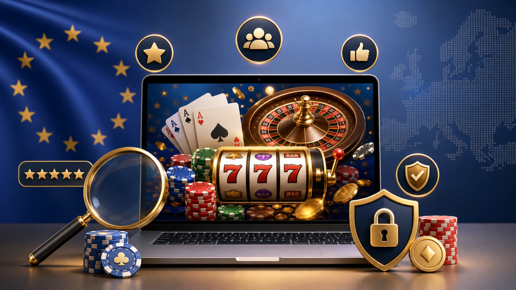 A Laptop Displaying An Online Casino Interface With Slot Machines, Poker Cards, Roulette Wheel, Chips, And Icons Representing Ratings, Security, And Review.