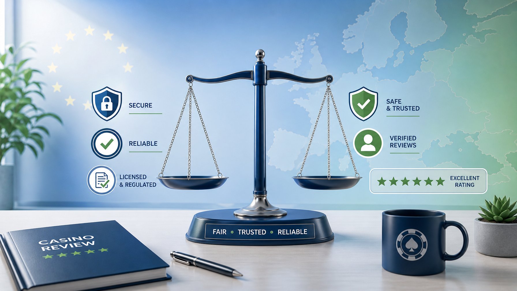 A Balanced Scale On A Desk Surrounded By Icons Of Security And Positive Feedback With A Faint European Map In The Background.