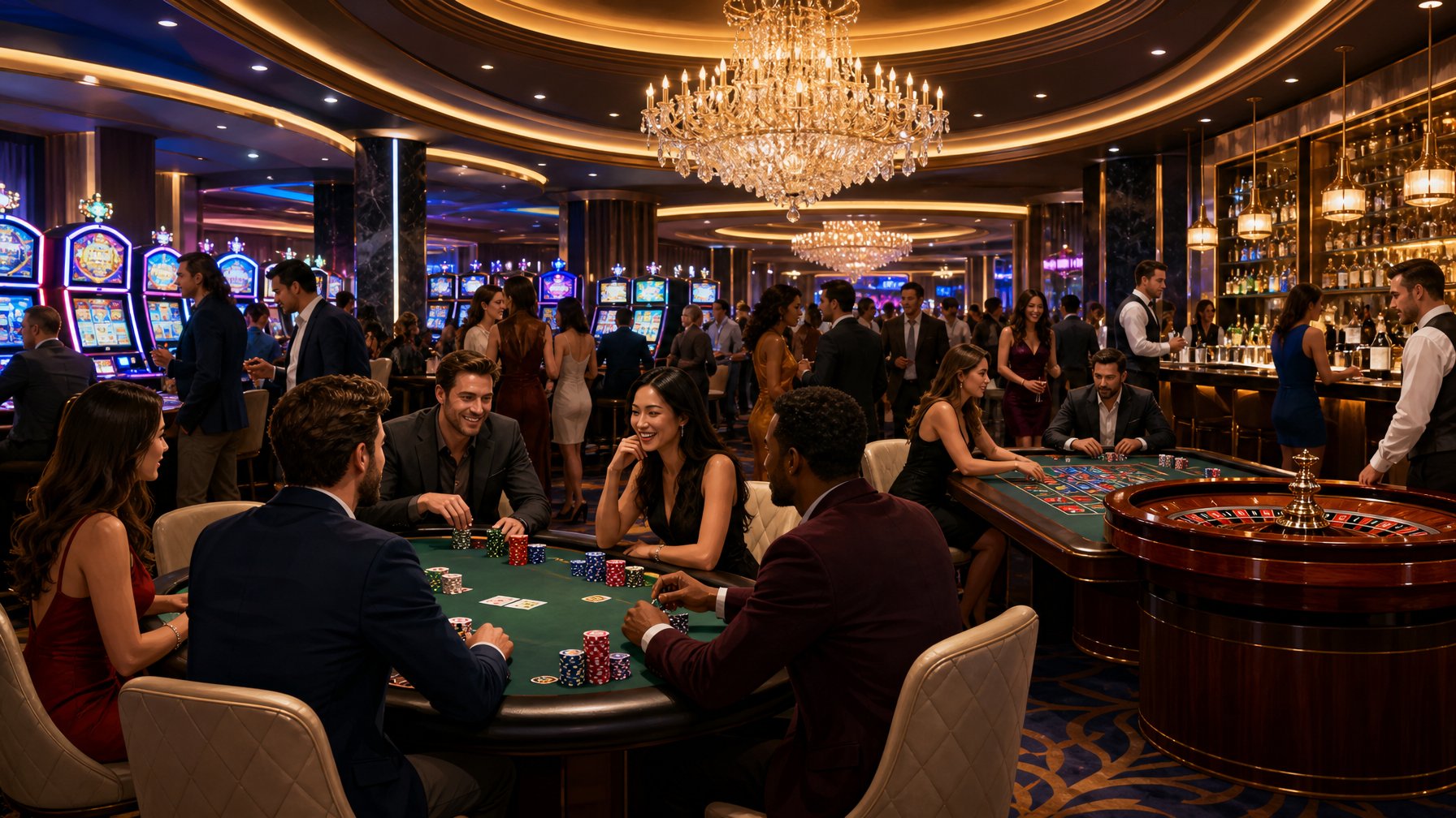 A Lively Casino Interior With People Playing Games At Tables And Slot Machines, Surrounded By Elegant Lighting And A Bar Area.