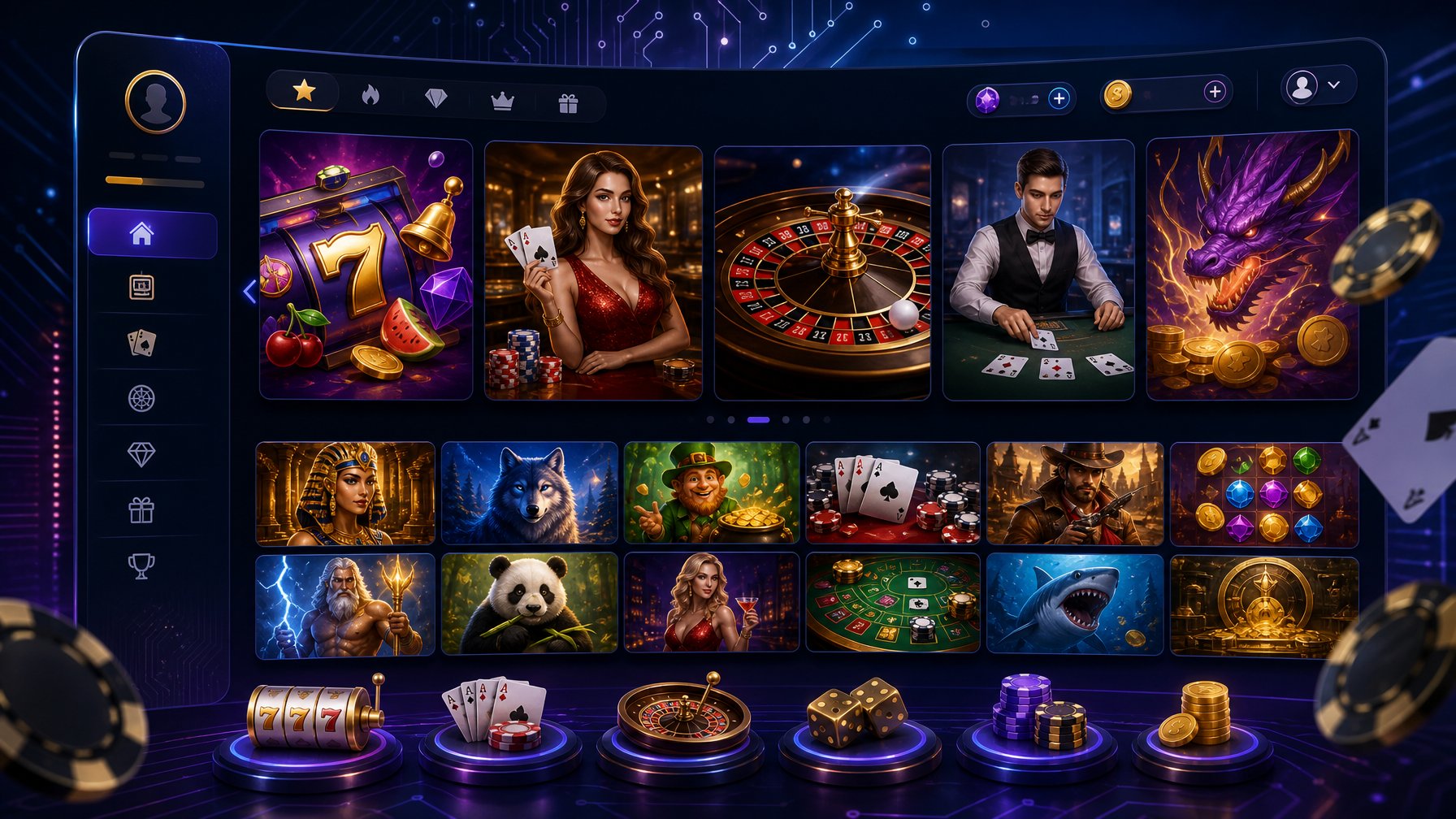 A Digital Illustration Of An Online Casino Game Lobby Showing Multiple Game Thumbnails Arranged In Layered Panels With Vibrant Colors And Abstract Digital Background Elements.