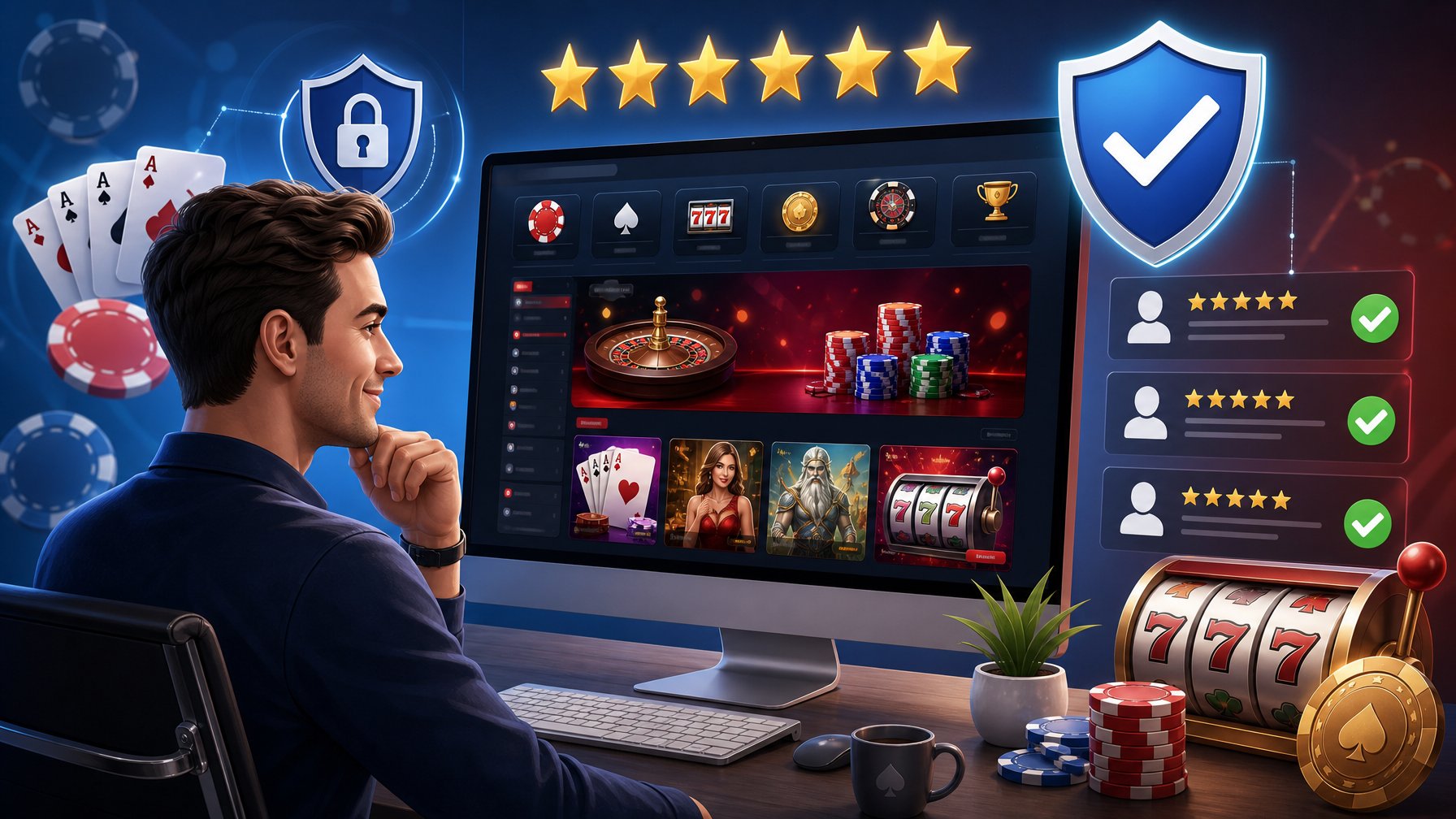 A Person At A Desk Reviewing An Online Casino Website With Symbols Of Security And Positive Ratings Surrounding Them.