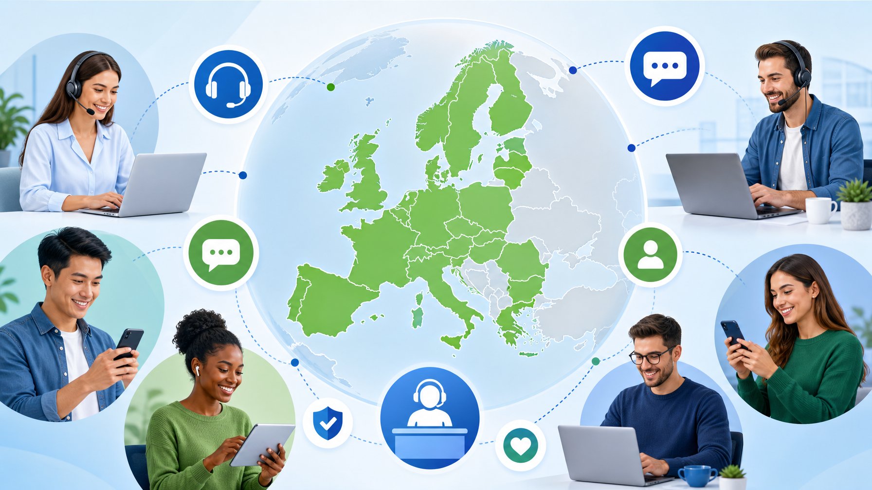 A Map Of Europe With Highlighted Countries, Surrounded By Icons Representing Customer Support And Diverse People Using Laptops And Smartphones.