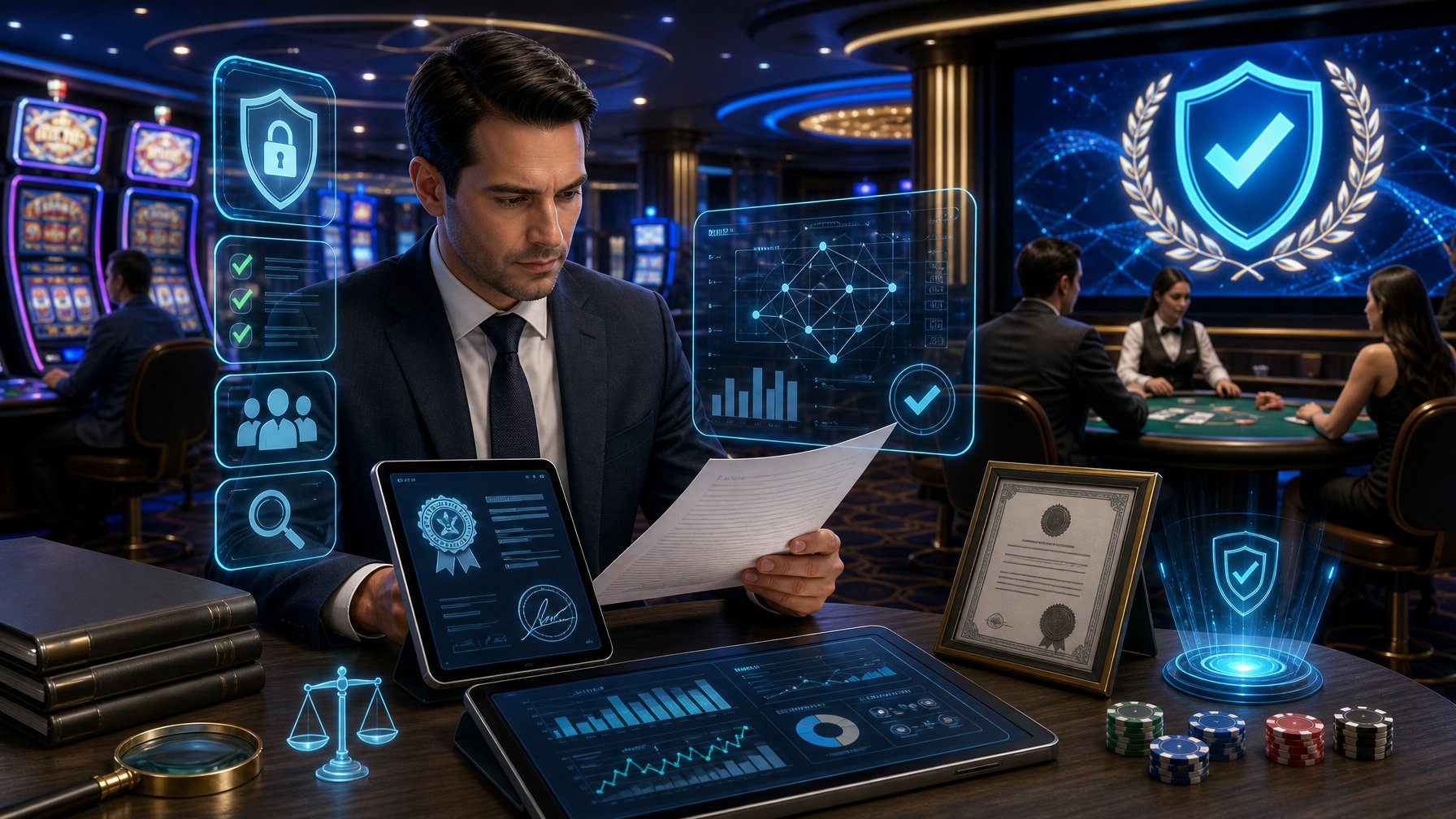 An Inspector Reviewing Documents And Digital Data In A Casino Setting With Slot Machines And Poker Tables, Surrounded By Icons Representing Security And Fairness Checks.