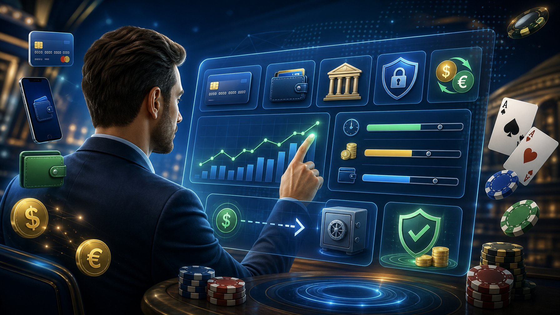 A Person Interacting With A Digital Touchscreen Showing Payment Methods, Transaction Graphs, And CasinoRelated Symbols Like Poker Chips And Playing Cards.
