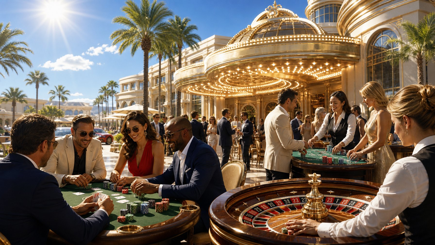A Lively Casino Scene At Midday With People Playing Games Outside A Brightly Lit Casino Building Under A Clear Sky.