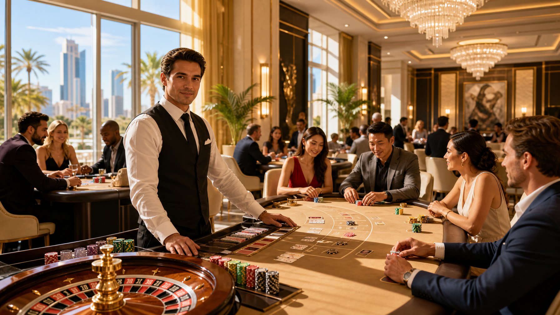 A Bright Casino Interior At Noon With Gaming Tables, A Dealer, And Players Engaged In Casino Games.