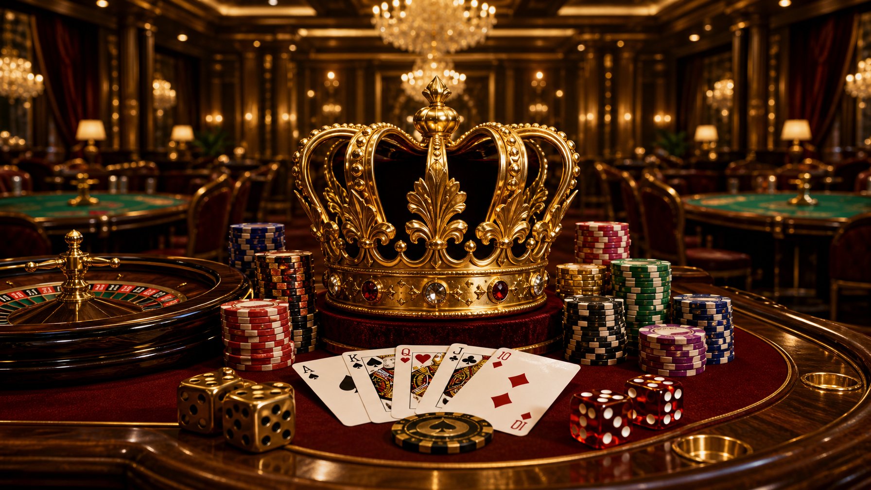 A Luxurious Casino Interior With A Golden Crown Above A Dealer's Table Surrounded By Poker Chips, Playing Cards, Dice, And Roulette Wheels.