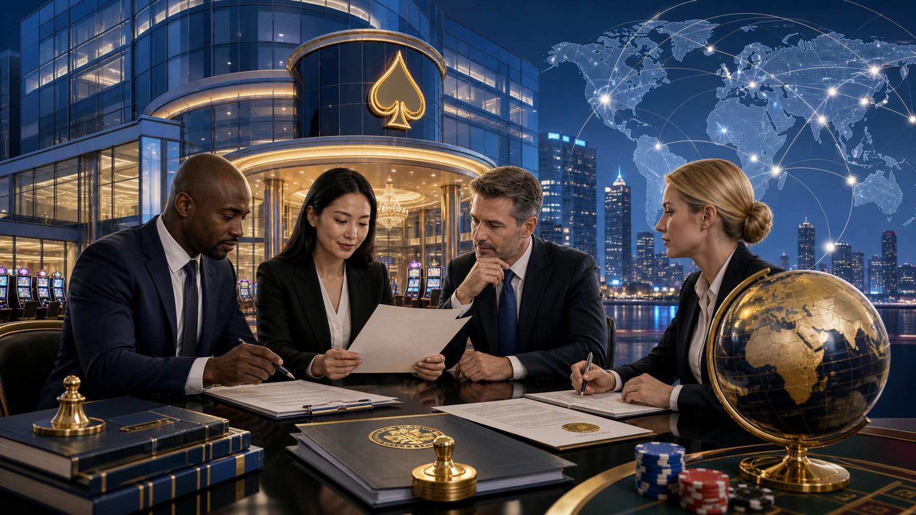 A Modern Casino Building With Business Professionals Reviewing Documents And Discussing Licensing And Market Access.