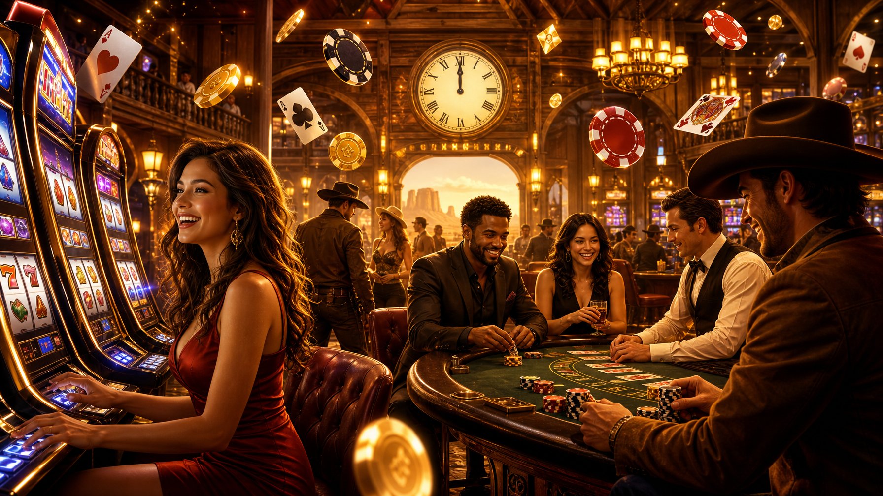 A Lively Casino Scene With Players Enjoying Slot Machines And Card Games, Surrounded By Glowing Chips And Coins, With A Clock Showing Noon In The Background.