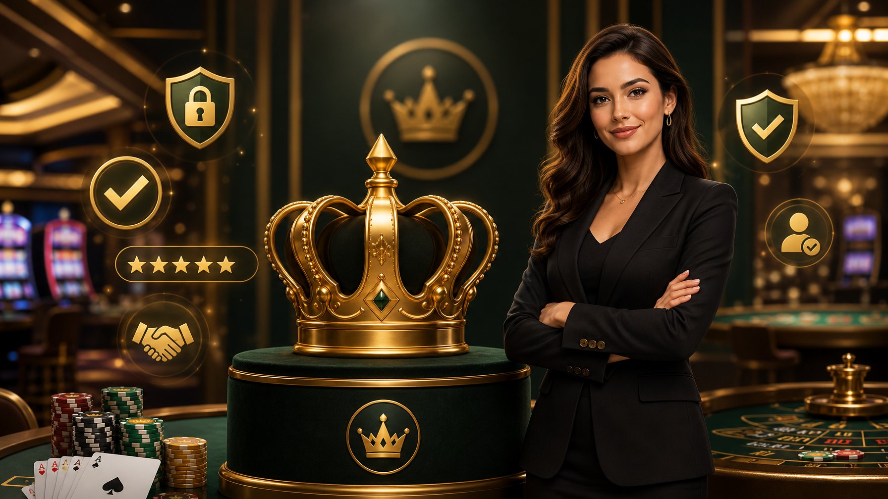 A Businesswoman Standing Next To A Large Golden Crown On A Pedestal With Icons Representing Security And Trust Floating Around, Set In A Casino Environment.