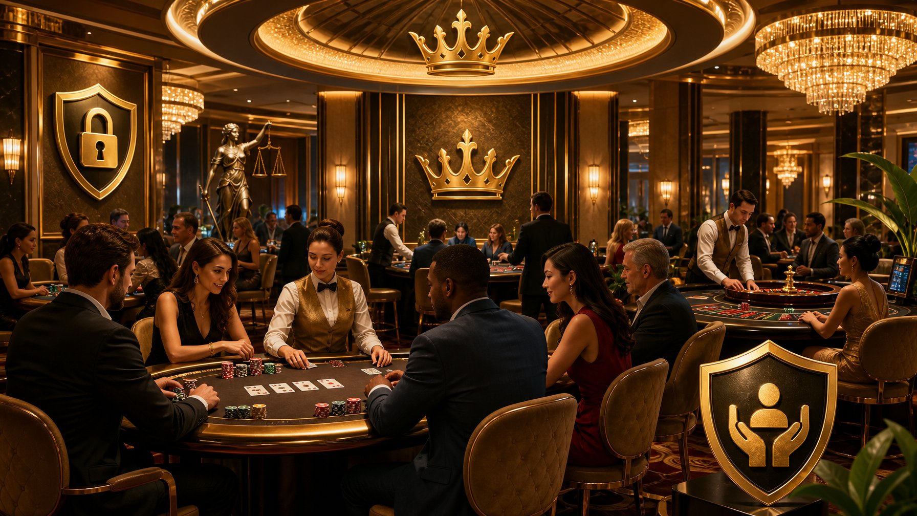 An Elegant Casino Interior With A Golden Crown Emblem, Showing Players And Staff In A Safe And Secure Gaming Environment.