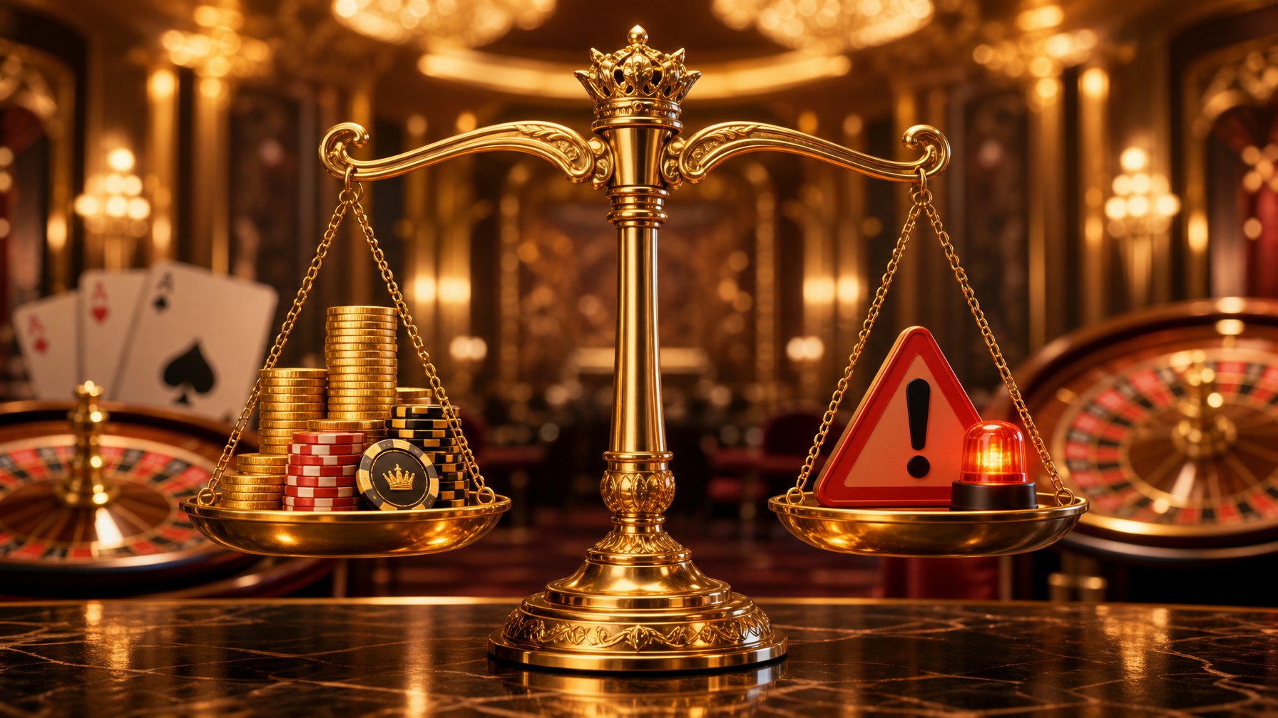 A Balanced Scale Showing Golden Coins And Casino Chips On One Side And A Caution Symbol On The Other, Set Against A Luxurious Casino Background.