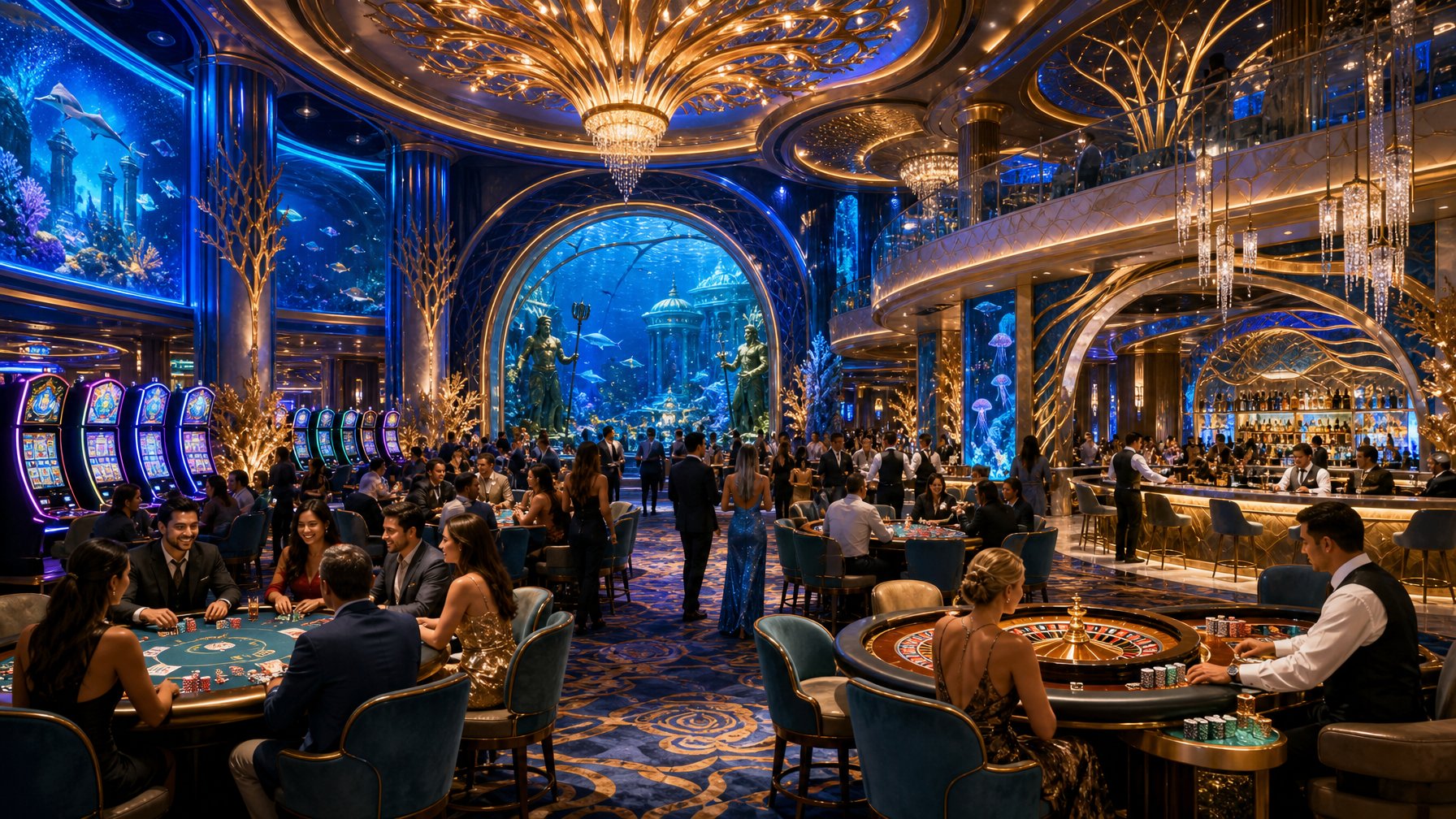 A Lively Casino Interior With People Playing Slot Machines And Table Games, Featuring Blue And Gold Decor And OceanThemed Design Elements.