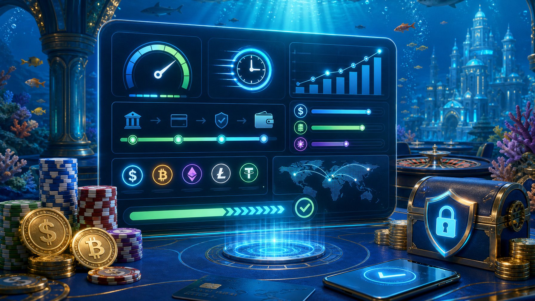 A Digital Casino Dashboard Showing Payout Speed, Cashout Limits, And Financial Metrics With An Underwater AtlantisThemed Background.