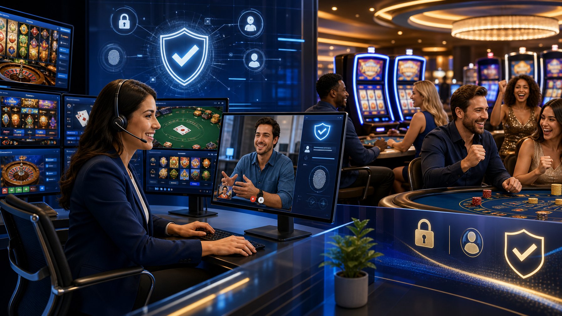 A Casino Scene Showing A Customer Support Representative Assisting A Player With Verification While Other Players Enjoy Casino Games In A Secure And Lively Environment.