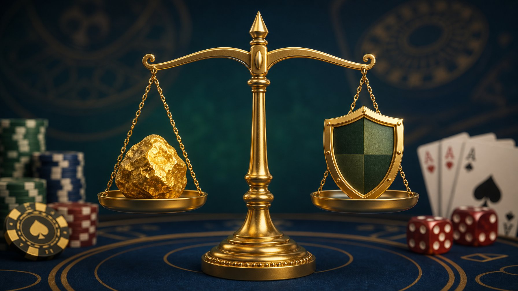 A Balanced Scale With A Golden Nugget On One Side And A Shield On The Other, Surrounded By Faint Casino Elements Like Poker Chips And Cards.