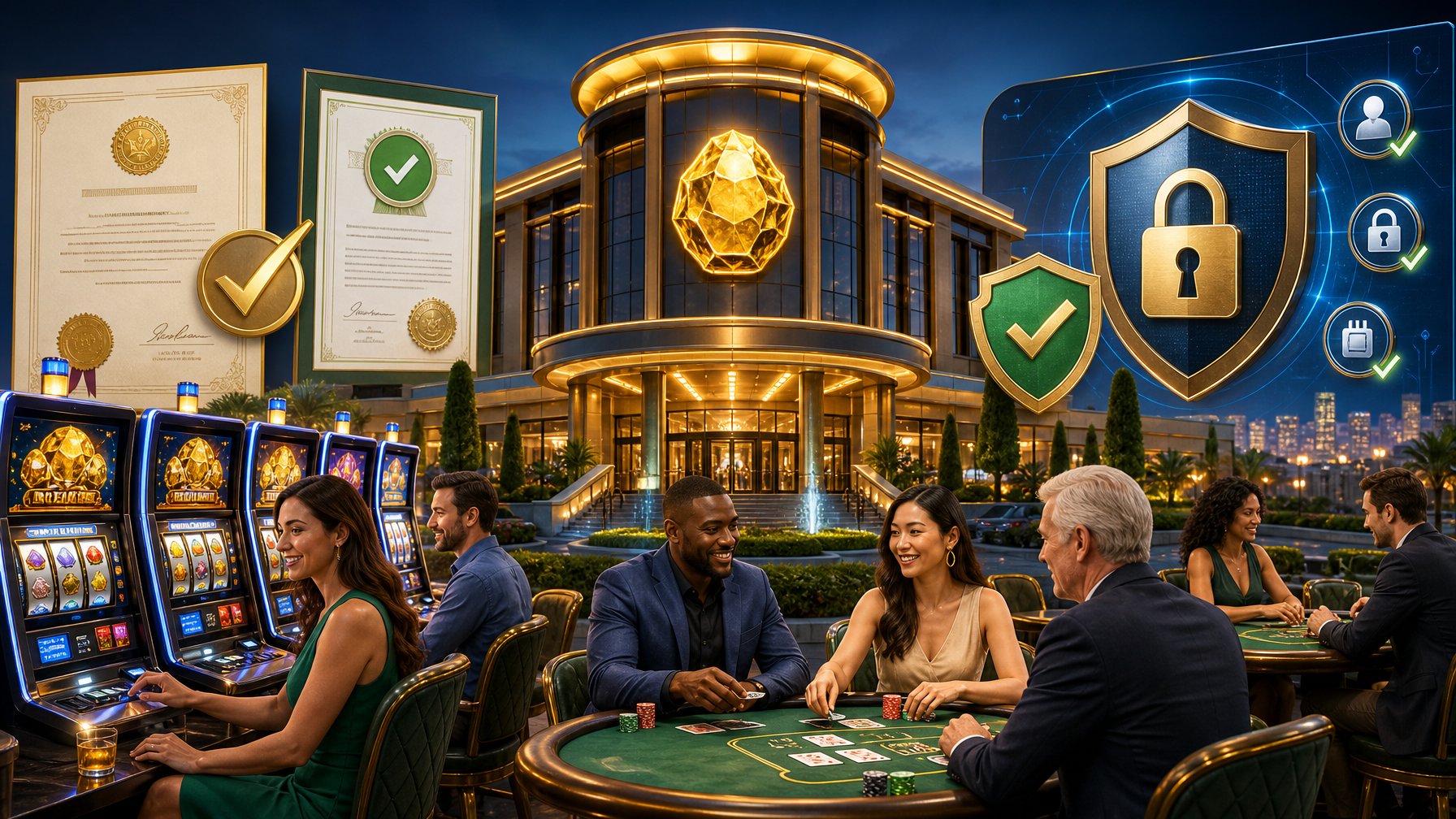 A Casino Building With A Golden Nugget Emblem Surrounded By Legal Certificates And Security Icons, With Diverse Players Enjoying Games Safely In The Foreground.
