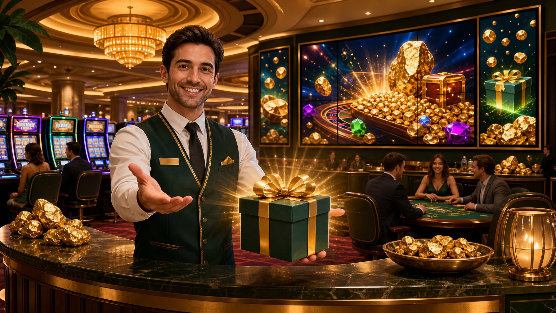 A Welcoming Casino Scene With Slot Machines, Poker Tables, A Host Offering A Glowing Gift Box, And Decorative Golden Nuggets In A Lively And Inviting Interior.