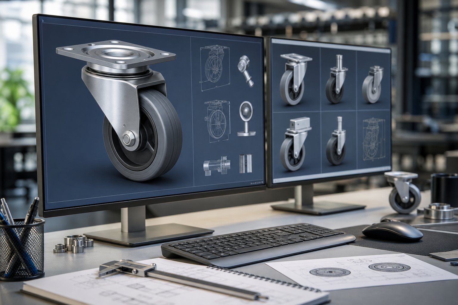 A workspace with computer monitors displaying 3D CAD models of casters and wheels, surrounded by engineering tools on a desk.