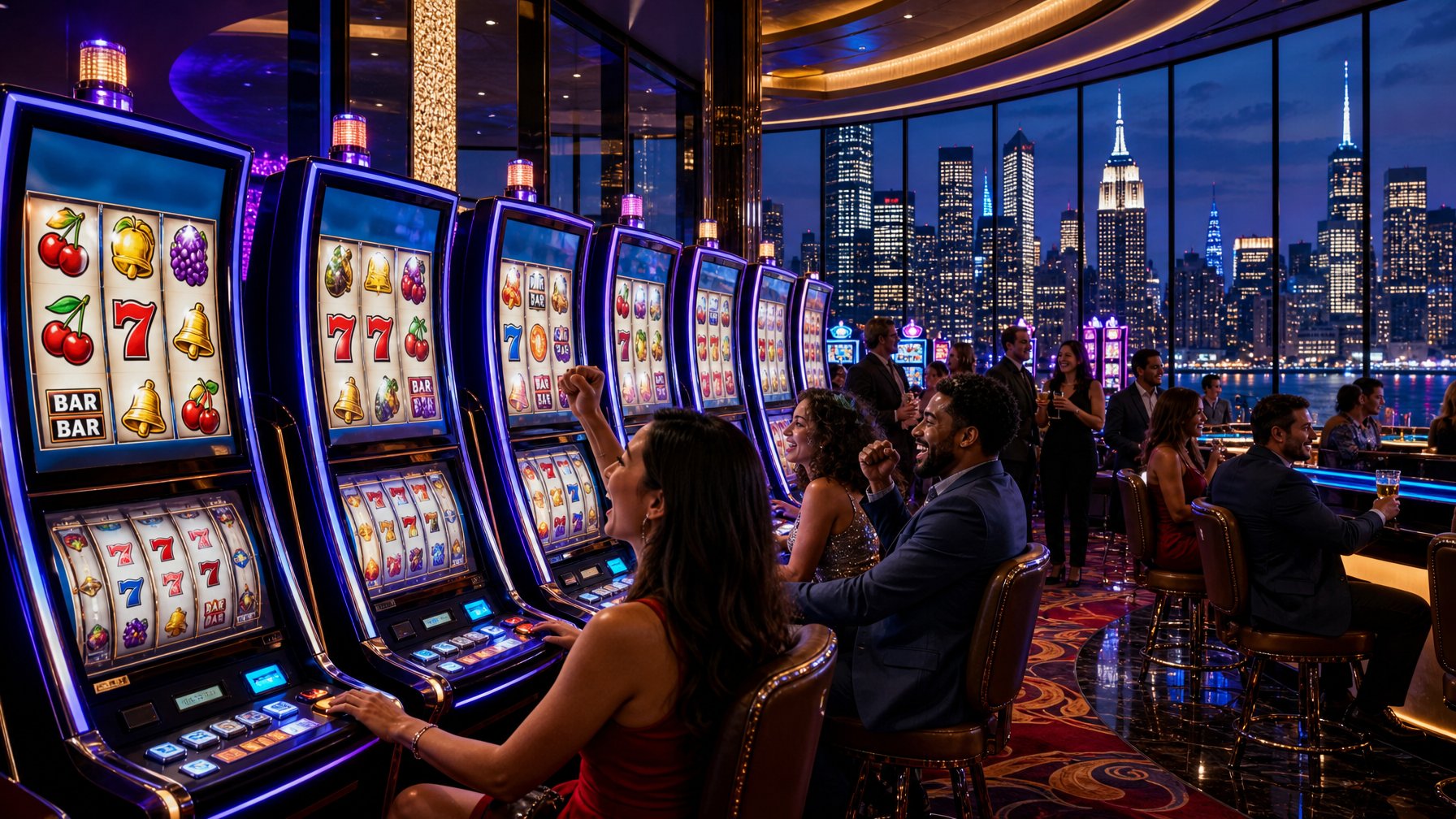 A Busy Casino Floor With People Playing Slot Machines And Manhattan Skyscrapers Visible Through Large Windows In The Background.