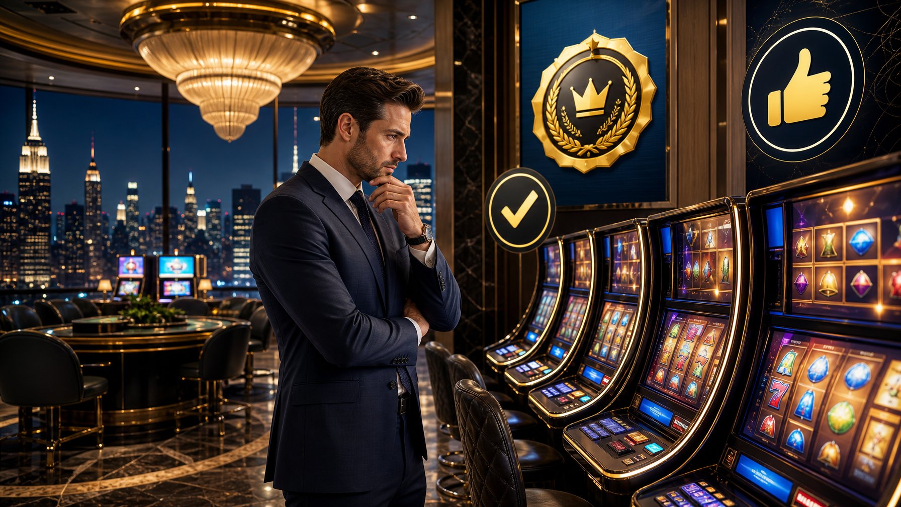 A Man In Business Attire Evaluating Slot Machines Inside An Elegant Casino With Soft Glowing Lights And A View Of The Manhattan Skyline.