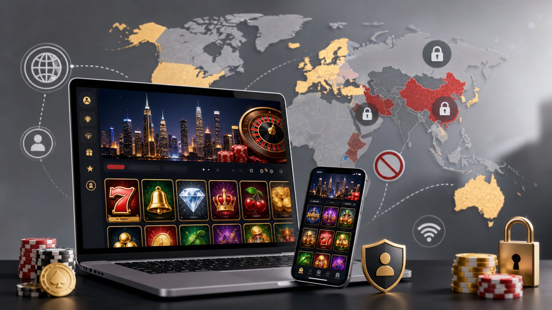 A Laptop And Smartphone Showing A Casino Website With Slot Games, Surrounded By A World Map Highlighting Different Countries And Digital Locks Symbolizing Access Restrictions.