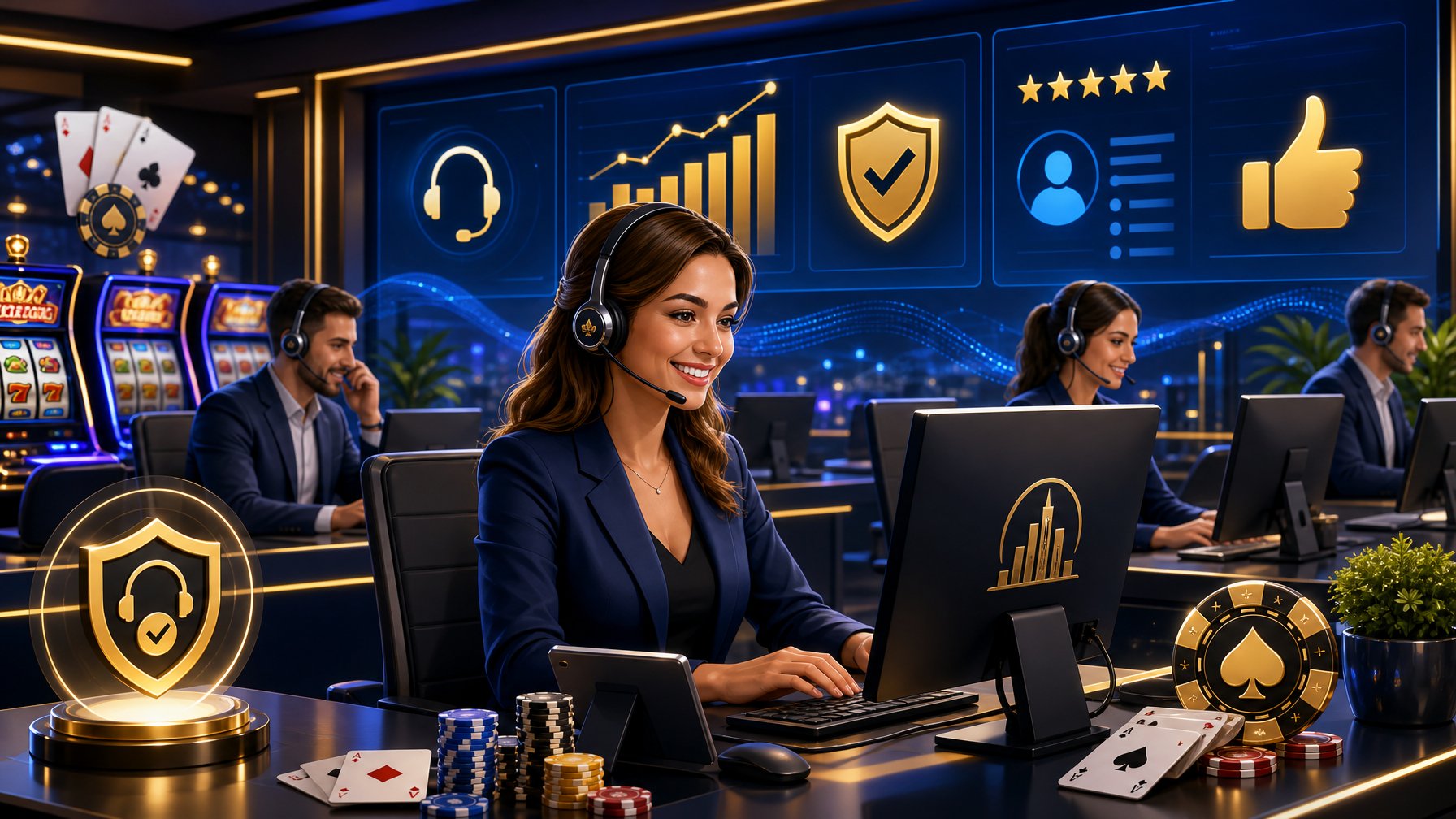 Customer Support Agents Assisting Users In A CasinoThemed Office With Slot Machines And Digital Screens Showing Positive Feedback.