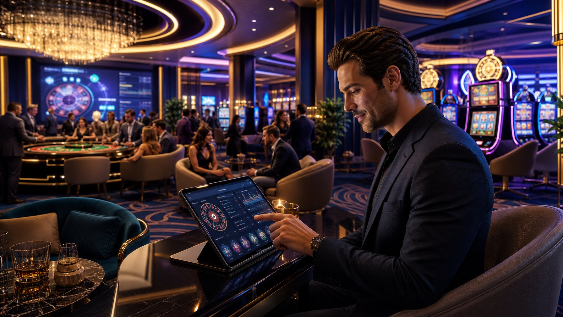 A Modern Casino Interior With Gaming Tables, Slot Machines, And A Person Using A Touchscreen Device Showing Casino Games.