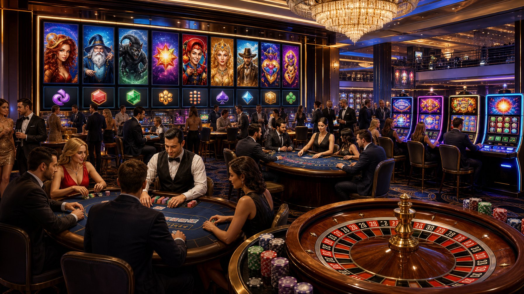A Casino Floor With Gaming Tables, Slot Machines, And Digital Screens Showing Game Provider Logos, With Players And Dealers Engaged In Games.