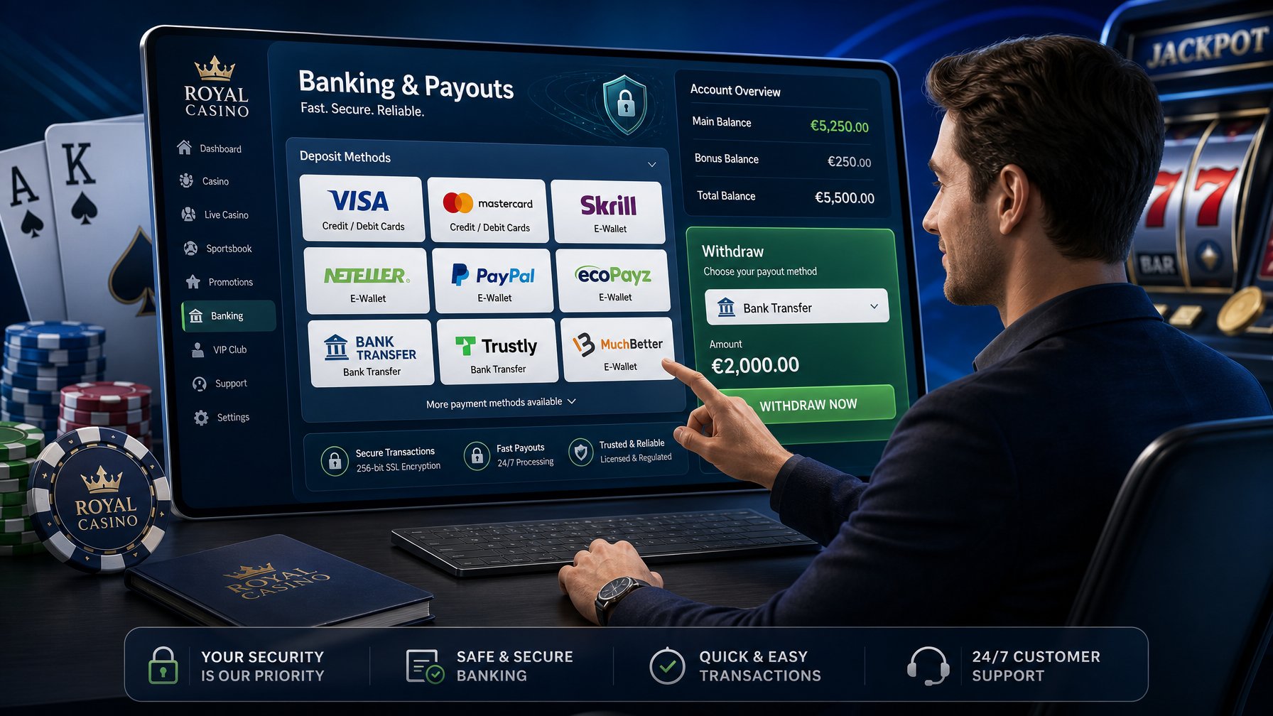 A Person Managing Online Banking Transactions On A Digital Device With Icons Of Payment Methods And Subject Casino Elements In The Background.