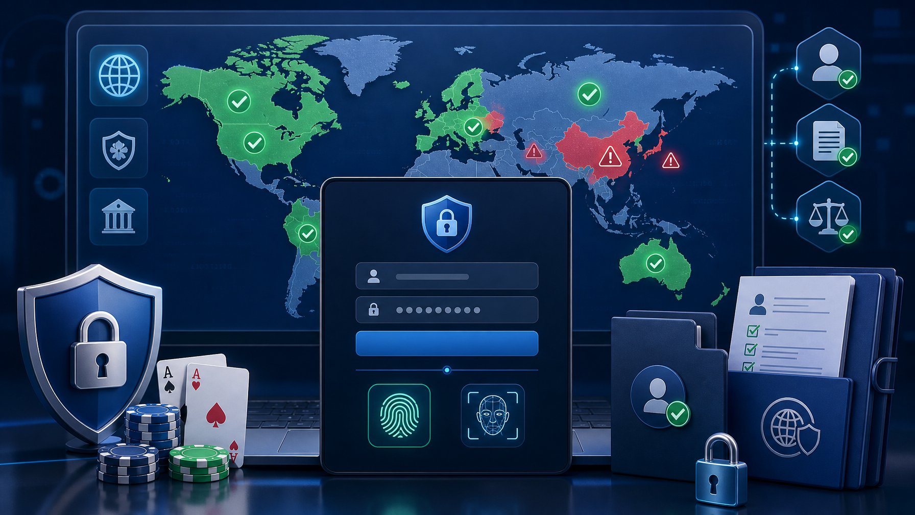 A Digital Interface Showing A World Map With Country Access Indicators, A Secure Login Screen With Biometric Verification Icons, And Symbols Representing Account Security And Verification.